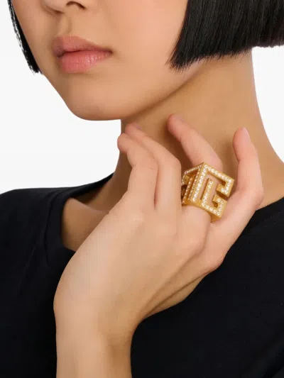 Balmain 3d Rhinestone Cube Ring In Gold