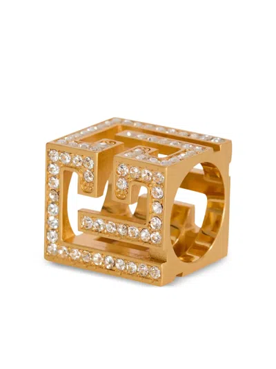 Balmain 3d Rhinestone Cube Ring In Gold