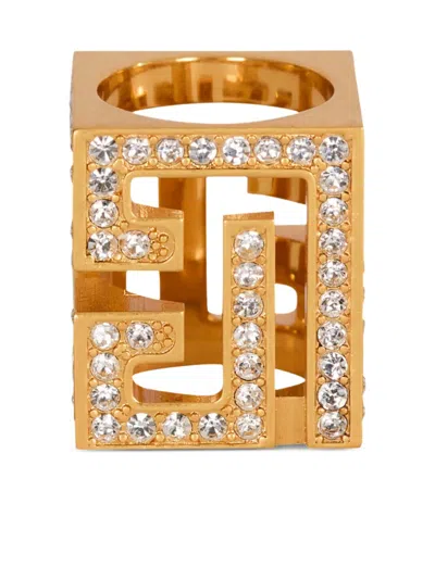 Balmain 3d Rhinestone Cube Ring In Gold