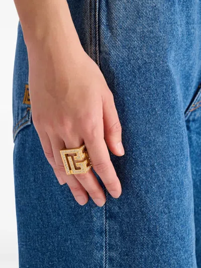 Balmain 3d Rhinestone Cube Ring In Gold