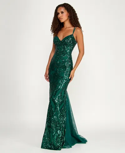 B Darlin Juniors' Sequin-pattern Floor-sweeping Gown In Green