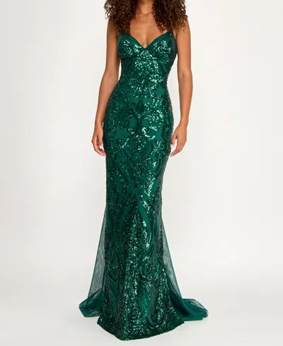 B Darlin Juniors' Sequin-pattern Floor-sweeping Gown In Green