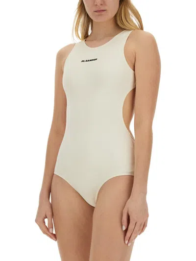 Jil Sander Logo Printed One-piece Swimsuit In Gray