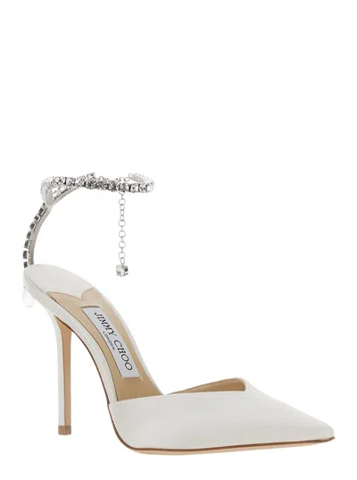 Jimmy Choo Saeda White Pointed And Closed Toe Sandals With Rhinestone Chain In Leather Woman In White