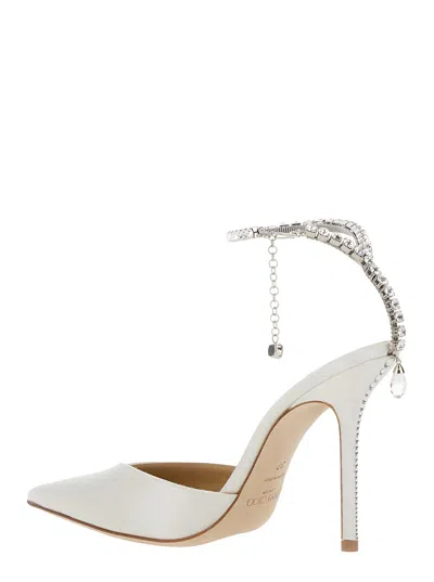 Jimmy Choo Saeda White Pointed And Closed Toe Sandals With Rhinestone Chain In Leather Woman In White
