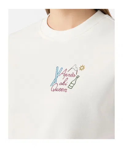 Mc2 Saint Barth Stardust Cotton Sweatshirt In White With Rhinestone Appliqué Après Ski Queen In White