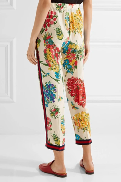 Shop Gucci Grosgrain-trimmed Printed Silk Crepe De Chine Straight-leg Pants In Ivory