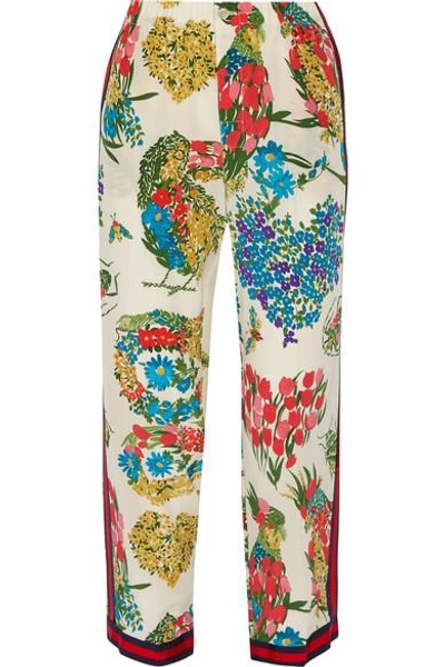 Shop Gucci Grosgrain-trimmed Printed Silk Crepe De Chine Straight-leg Pants In Ivory