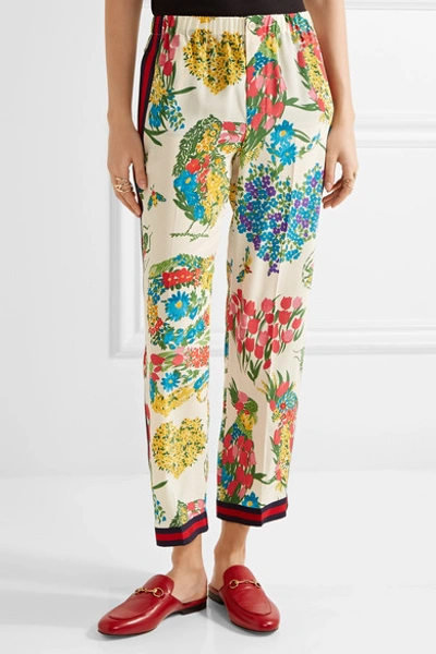 Shop Gucci Grosgrain-trimmed Printed Silk Crepe De Chine Straight-leg Pants In Ivory