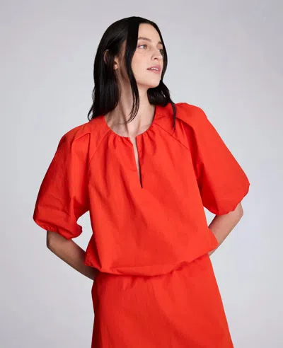 Kenneth Cole Poplin Cropped Elastic Hem Shirt With Short Puff Sleeves In Red