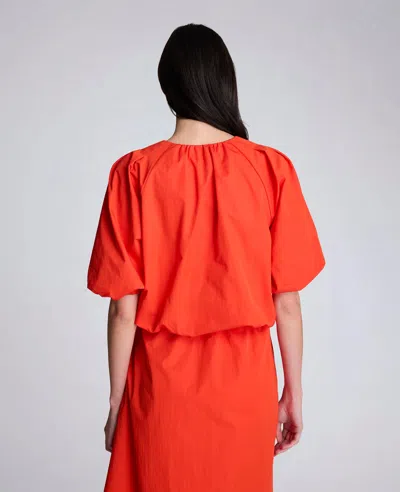 Kenneth Cole Poplin Cropped Elastic Hem Shirt With Short Puff Sleeves In Red