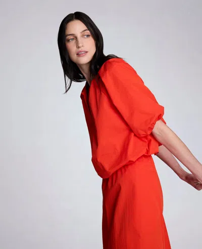 Kenneth Cole Poplin Cropped Elastic Hem Shirt With Short Puff Sleeves In Red