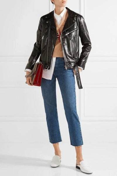 Shop Gucci Painted Leather Biker Jacket In Black