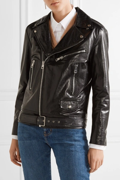 Shop Gucci Painted Leather Biker Jacket In Black