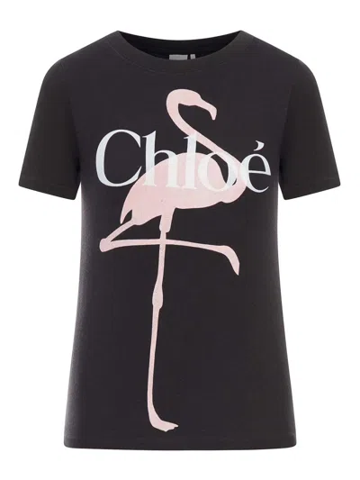 Chloé Women Black Crewneck T-shirt With Maxi Logo Print On The Front In Cotton Woman In Black