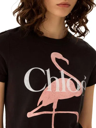 Chloé Women Black Crewneck T-shirt With Maxi Logo Print On The Front In Cotton Woman In Black