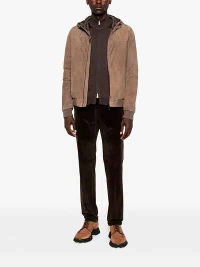 Moorer Suede Hooded Bomber Jacket In Brown