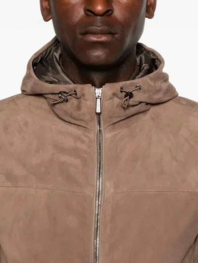 Moorer Suede Hooded Bomber Jacket In Brown