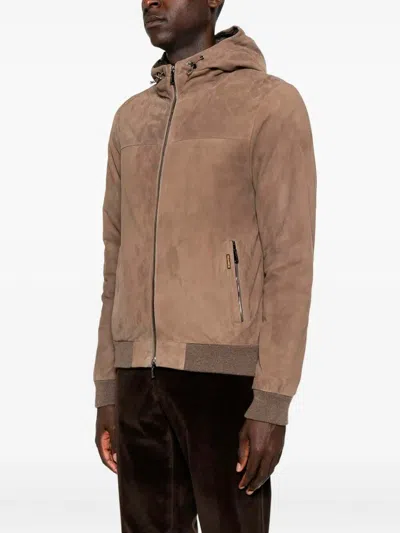 Moorer Suede Hooded Bomber Jacket In Brown
