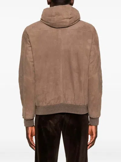 Moorer Suede Hooded Bomber Jacket In Brown