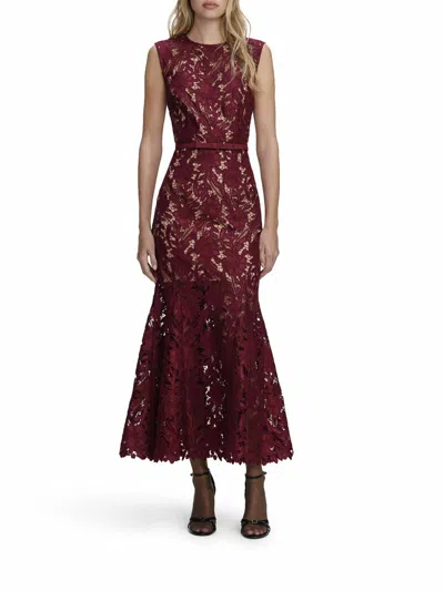 Self-portrait Fitted Guipure Lace Midi Dress With Removable Belt In Burgundy