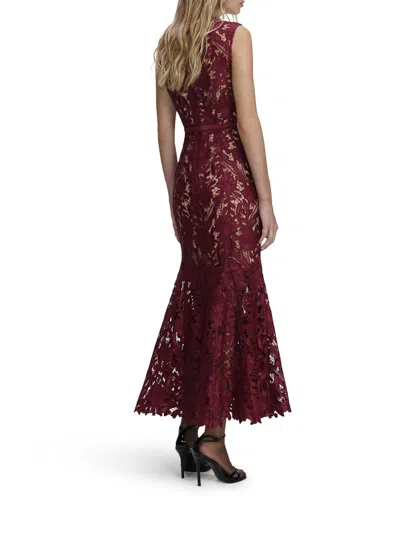 Self-portrait Fitted Guipure Lace Midi Dress With Removable Belt In Burgundy