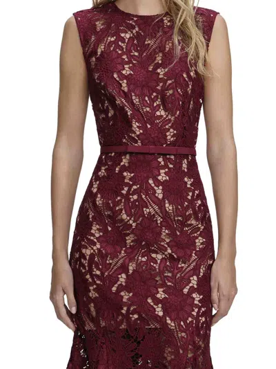 Self-portrait Fitted Guipure Lace Midi Dress With Removable Belt In Burgundy