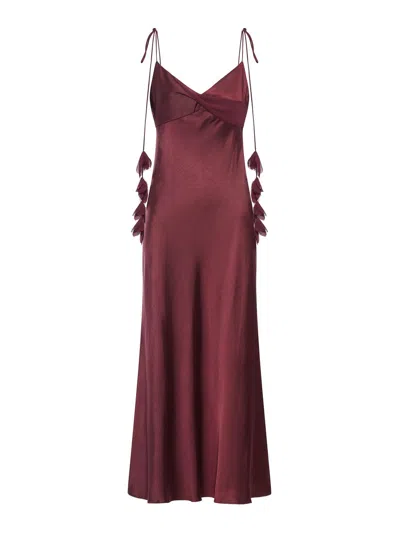Self-portrait Bordeaux Long Dress With Knotted Shoulder Straps And Floral Details In Fabric Woman In Brown