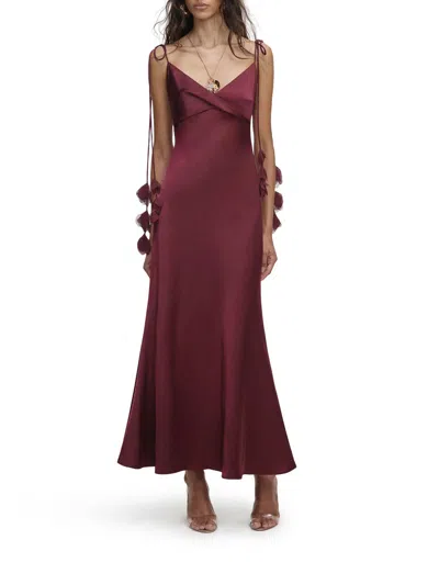 Self-portrait Bordeaux Long Dress With Knotted Shoulder Straps And Floral Details In Fabric Woman In Brown
