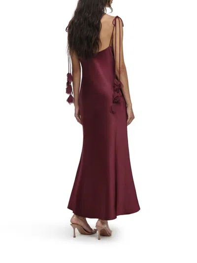 Self-portrait Bordeaux Long Dress With Knotted Shoulder Straps And Floral Details In Fabric Woman In Brown