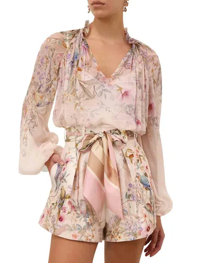 Zimmermann 'rebellion' Multicolor Blouse With Bow Detail On The Front And All-over Floral Motif In Viscose Woma