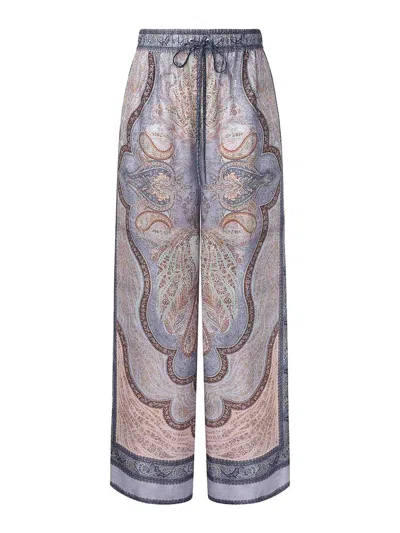 Zimmermann Wanderlust Multicolor Pants With Elastic Drawstring Waist And All-.over Print In Silk Woman In Blue