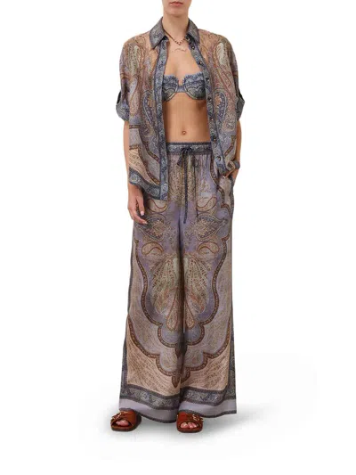 Zimmermann Wanderlust Multicolor Pants With Elastic Drawstring Waist And All-.over Print In Silk Woman In Blue