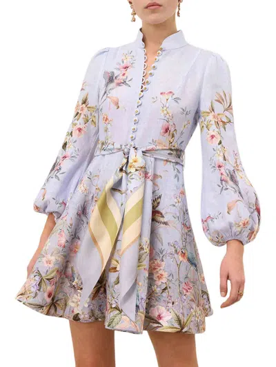 Zimmermann Rebellion Multicolor Midi Dress With Bow Detail On The Front And All-over Floral Print In Linen Woma In Blue