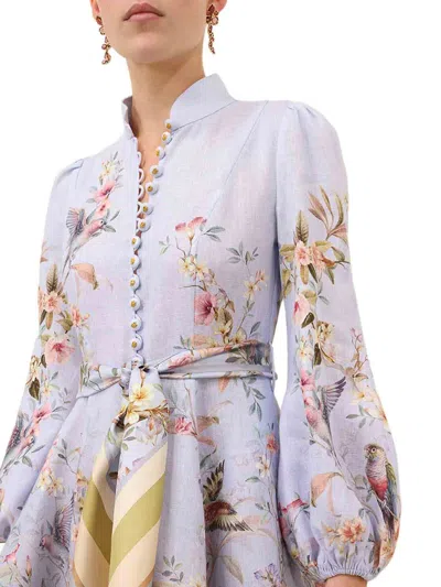 Zimmermann Rebellion Multicolor Midi Dress With Bow Detail On The Front And All-over Floral Print In Linen Woma In Blue