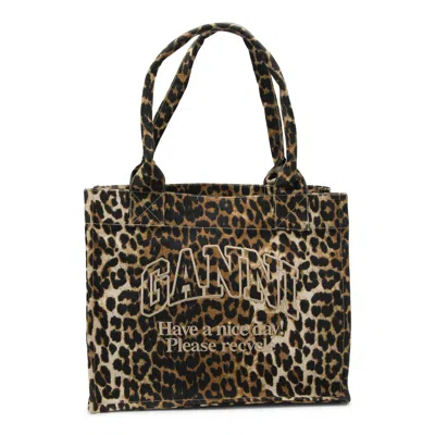 Ganni Brown Tote Bag With Graphic Print On The Front And All-over Leopard Motif In Cotton Woman