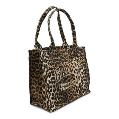 Ganni Brown Tote Bag With Graphic Print On The Front And All-over Leopard Motif In Cotton Woman