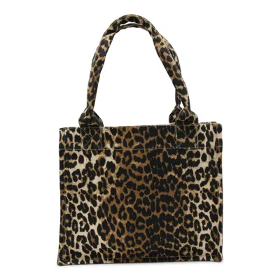 Ganni Brown Tote Bag With Graphic Print On The Front And All-over Leopard Motif In Cotton Woman