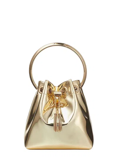 Jimmy Choo Shiny Mirror-effect Bon Bon Bag With Chain Drawstring And Metal Handle In Gold