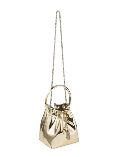 Jimmy Choo Shiny Mirror-effect Bon Bon Bag With Chain Drawstring And Metal Handle In Gold