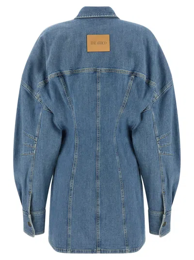 Attico Denim Mini Dress Front Pockets Long Sleeves In Blue