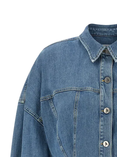 Attico Denim Mini Dress Front Pockets Long Sleeves In Blue