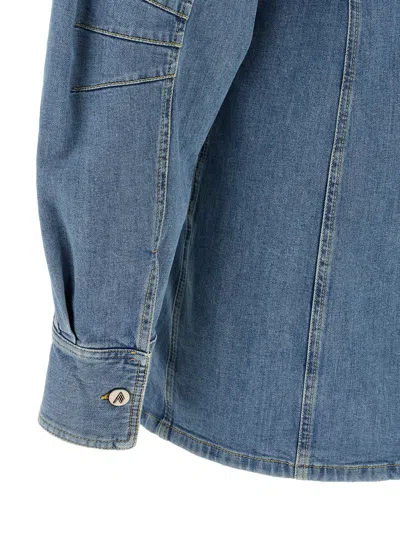 Attico Denim Mini Dress Front Pockets Long Sleeves In Blue