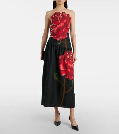 Farm Rio Rosalia Linen Blend Strapless Midi Dress In Black