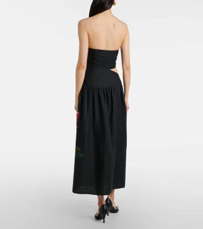 Farm Rio Rosalia Linen Blend Strapless Midi Dress In Black