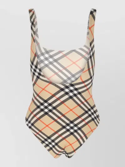 Burberry Scoop Neckline Sleeveless Checkered Beach Bodysuit In Brown