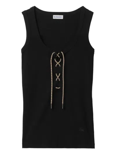 Burberry Ribbed Adjustable Drawstring Tank Top With Equestrian Knight Design In Black
