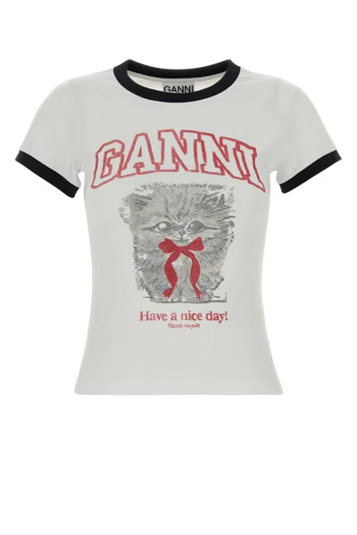 Ganni Women White Crewneck T-shirt With Maxi Print On The Front In Cotton Woman In Multi