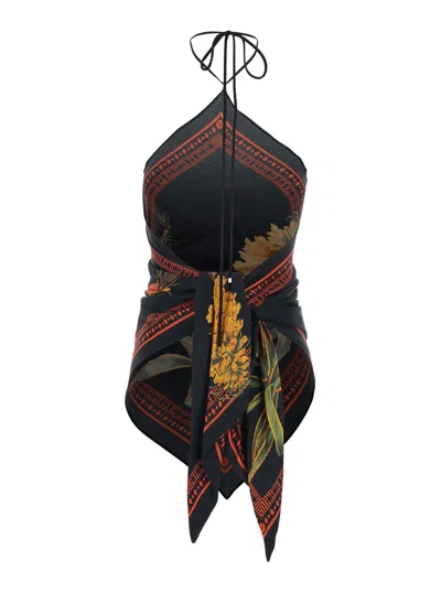 Blumarine Women Multicolor Top With All-over Floral Print And Knot Closure In Viscose Woman In Black