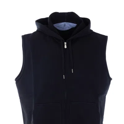 Brunello Cucinelli Men Techno Cotton Vest With Zip And Hood In Blue